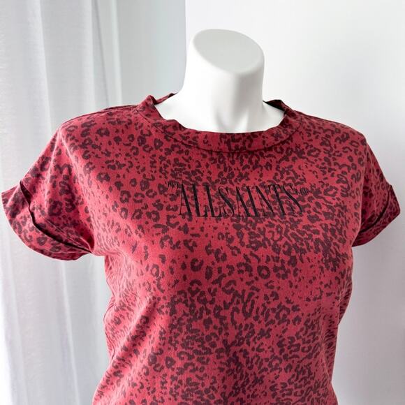 Allsaints Red Leopard Print Logo Front Short Sleeves Oversized T-Shirt XS/ Small - Picture 2 of 9